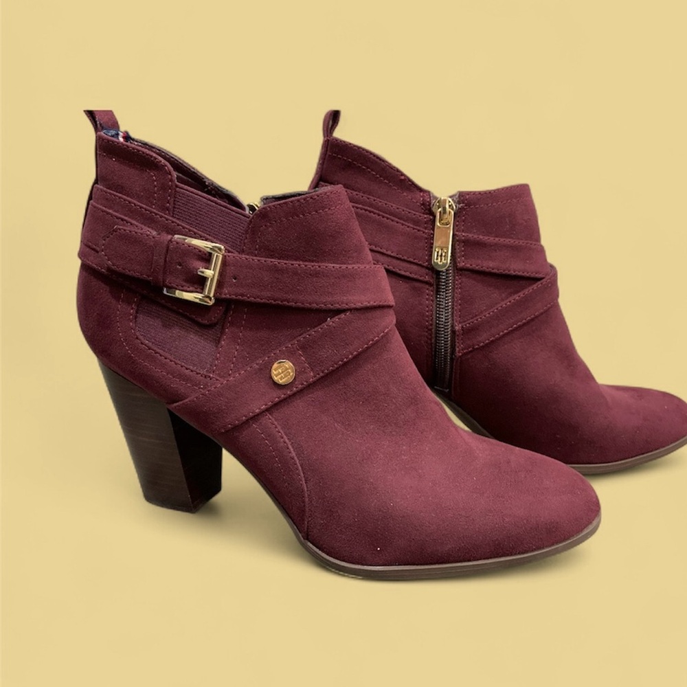 Tommy Hilfiger Deep Red Ankle Boots with Gold Accents